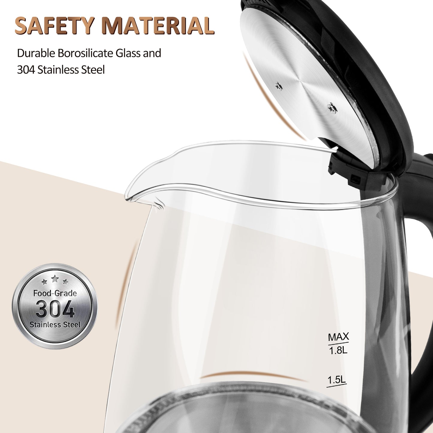 1.8L Glass Tea Kettle, Hot Water Boiler With LED Light, Auto Shut-Off & Boil Dry Protection, Stainless Steel