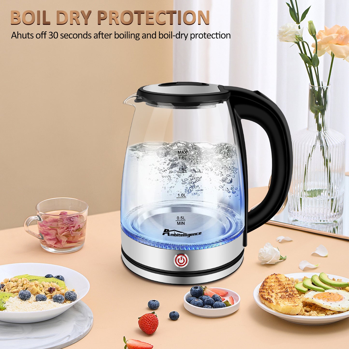 1.8L Glass Tea Kettle, Hot Water Boiler With LED Light, Auto Shut-Off & Boil Dry Protection, Stainless Steel