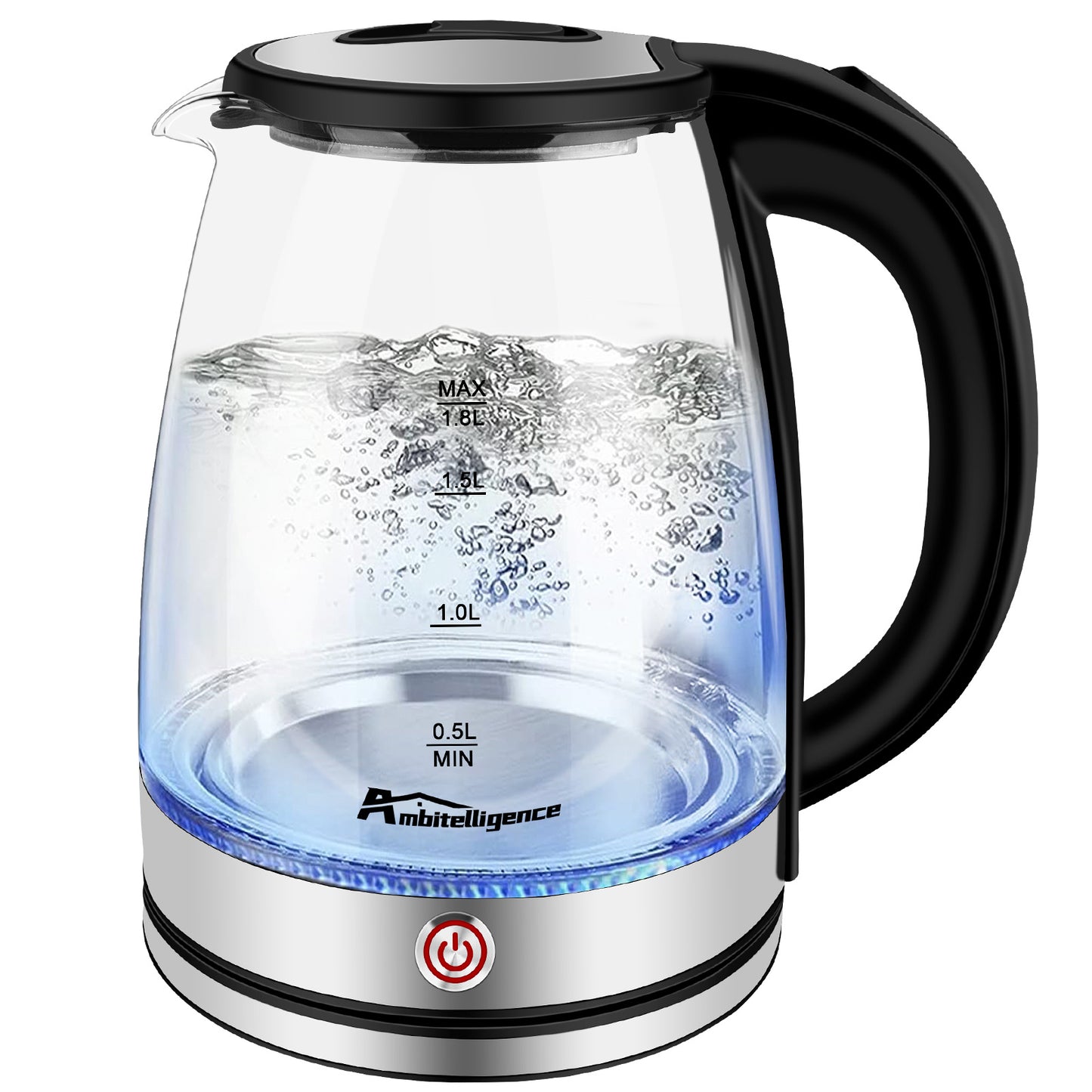 1.8L Glass Tea Kettle, Hot Water Boiler With LED Light, Auto Shut-Off & Boil Dry Protection, Stainless Steel