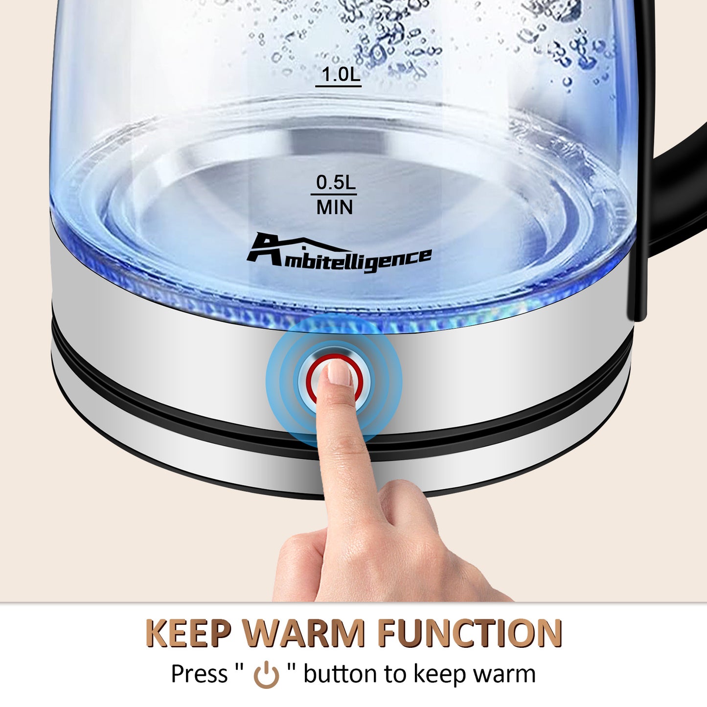 1.8L Glass Tea Kettle, Hot Water Boiler With LED Light, Auto Shut-Off & Boil Dry Protection, Stainless Steel