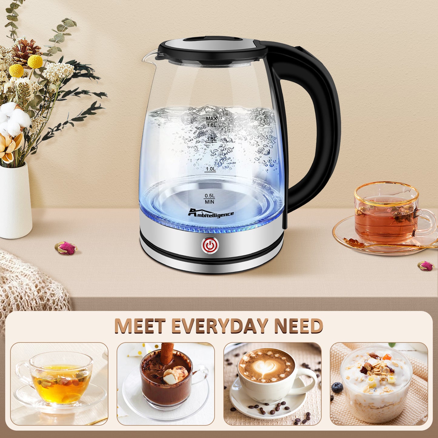 1.8L Glass Tea Kettle, Hot Water Boiler With LED Light, Auto Shut-Off & Boil Dry Protection, Stainless Steel