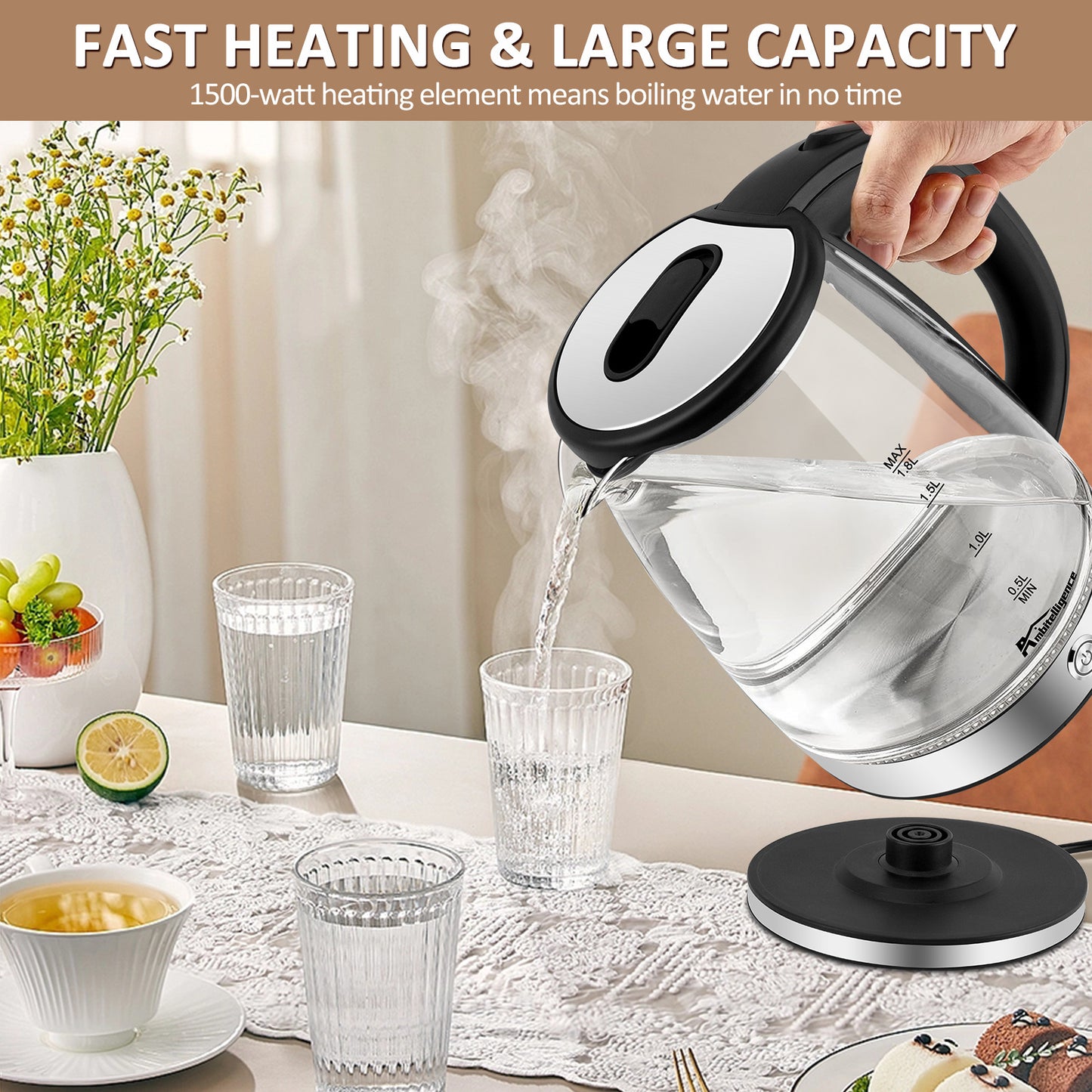 1.8L Glass Tea Kettle, Hot Water Boiler With LED Light, Auto Shut-Off & Boil Dry Protection, Stainless Steel